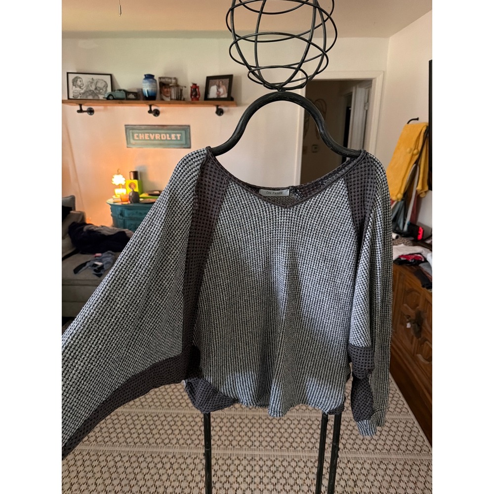 Ces Femme Mixed Knit Batwing Sweater Grey V-Neck Oversized Boho Top